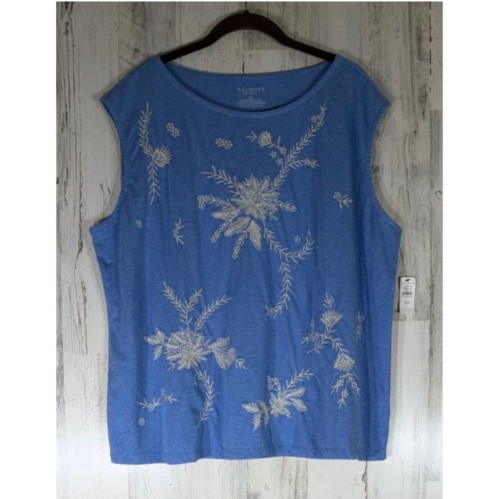 Talbots Sleeveless Top 2XP Blue Cotton Floral Embroidered Shell Cottagecore New